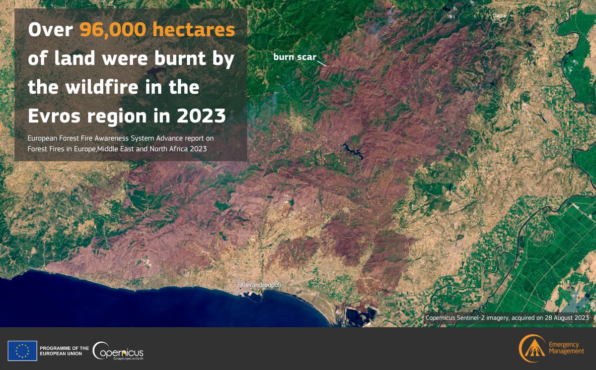 In 2023, the largest single #wildfire 🔥 in Europe since the 1980s occurred This wildfire affected the #Evros region in #Greece 🇬🇷 and resulted in a burnt area 1.5 times the size of #Madrid Read more in our #EFFIS report 👇 e.copernicus.eu/EFFIS_Advanced…