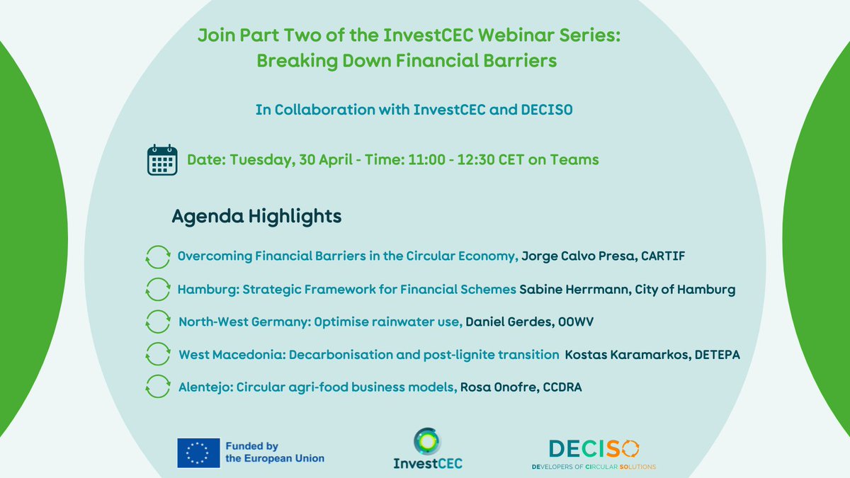 Interested in exploring the financial barriers within the #CircularEconomy and strategies to overcome them? Next week, join the @InvestCEC webinar to learn about DECISO’s ongoing pilot projects 📍Tuesday 30 April | 11:00–12:30 CET | Online Register now✅investcec.eu/join-us-on-par…
