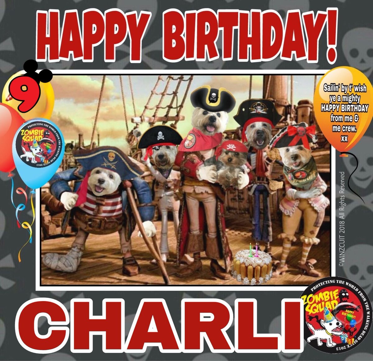 🎂Wishing a 🎁HAPPY 9th BIRTHDAY🎉 to our pawsome pal, CHARLI from Leada Billy & your ZombieSquad pals.🎈 We hope your special day is full of tasty treats, head rubs & cayke, soldyer. RaaAAA! ❤️💛🎂🎁🎈🎉 @3dogs_andahorse @ZSBirthday #ZSHQ