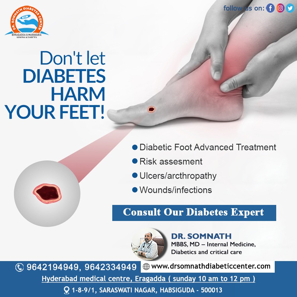 Protect your #feet from #diabetes. Stay safe with proper care. Visit us for #expert guidance. Don't let diabetes harm your feet.'

#DrSomnath #Generalphysician #generalmedicine #Diabetescentre #Habsiguda #healthcare #besttreatment #diabetes #type1diabtes #type2diabtes