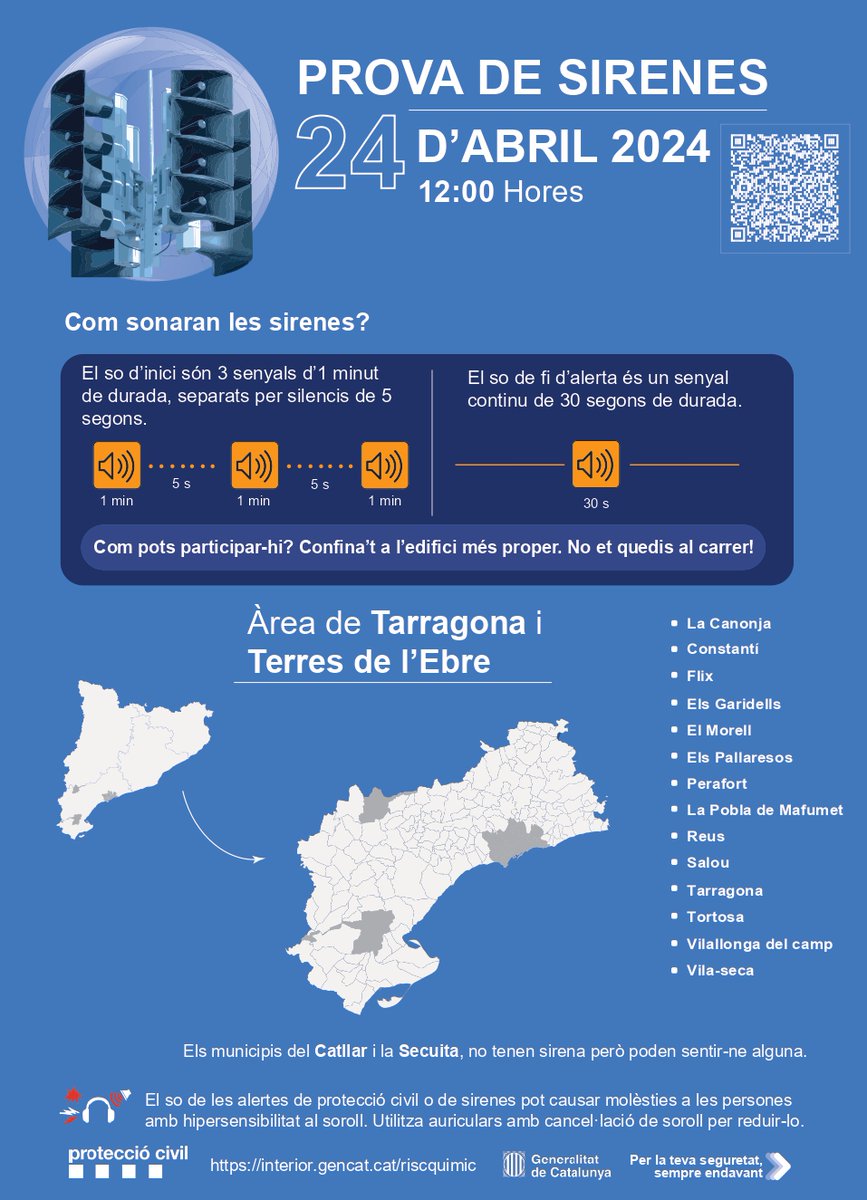 Avui a les 12h es fa una prova de les sirenes de risc químic a Tarragona i Terres de l’Ebre. gen.cat/447IC25 📲 Si ets a la zona, rebràs una alerta al mòbil, però no cal que et confinis ni truquis al 112. 📝 Quan acabi la prova, omple l'enquesta gen.cat/3Utmw6P.