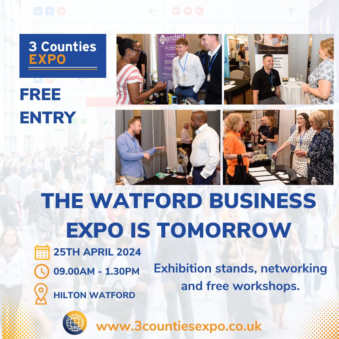 Just turn up on the day from 9am-1.30pm
Free entry, free parking and free refreshments
25th April Hilton Watford
#3countiesexpo #watford #watfordcommunity #watfordvenues #watfordvenuehire #watfordbusiness #watfordforyou