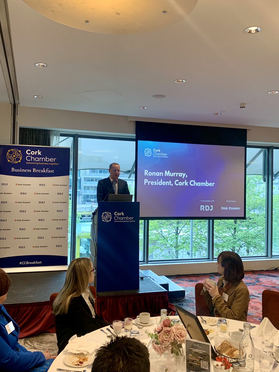 President of @CorkChamber, @RonanMMurray introduces keynote Anne Graham, CEO, National Transport Authority. Looking forward to hearing Anne’s insights into the future of sustainable transport in Cork. #CCBreakfast In association with @RDJ_LLP & @IrishExaminer