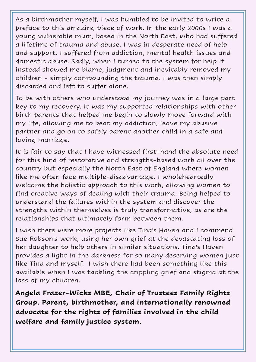 . @AFrazerWicks Chair of Trustees @FamilyRightsGp Parent, #birthmother, and internationally renowned advocate for the rights of families involved in the child welfare and family justice system has this to say about the #TinasHaven study #InLoveandAnger published next week 💖🌸🧚‍♀️