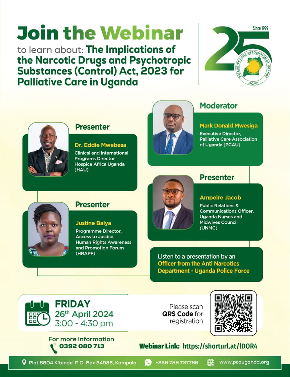 Are you a Palliative Care Specialist, Nurse, or Midwife in Uganda? Dont miss the webinar hosted by @PCAUganda *this Friday 26th April from 3:00 - 4:30 pm EAT* to understand the implications of the Narcotic Drugs and Psychotropic Substances (Control) Act, 2023, and discover new…