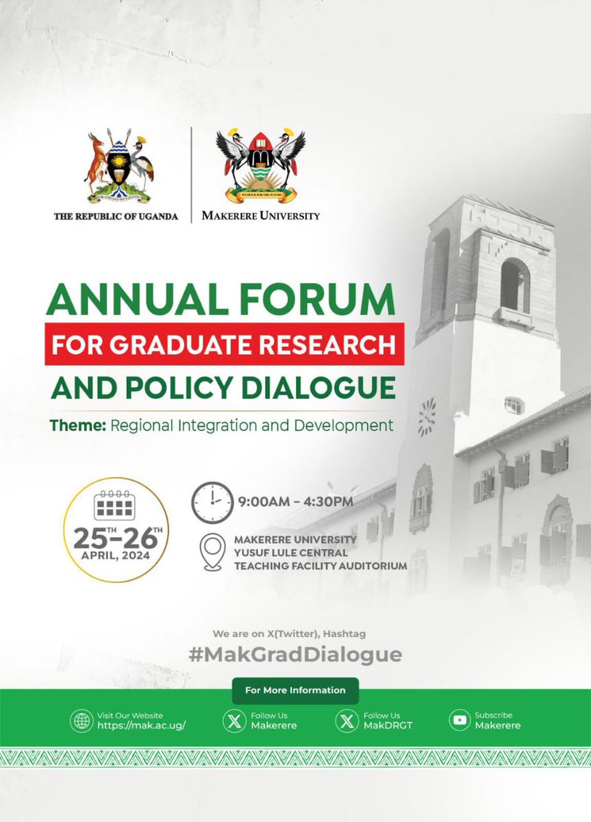 Tommorrow we shall kick start a two-day Graduate Research and Policy Dialogue (#MakGradDialogue) at Yusuf Lule Auditorium themed 'Regional Integration and Development'. Privileged to have Hon. @JCMuyingo, State Minister of Higher Education - @Educ_SportsUg as Cheif Guest.