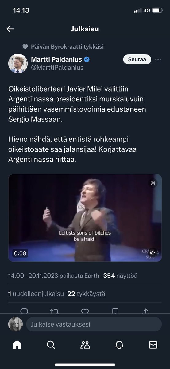 pellonpecko's tweet photo. Tarina kahdessa kuvassa.
Myös @pbyrokraatti kovasti rummutti moottorisahamiehen puolesta ja kuinka hän tulee pelastamaan maan. https://t.co/WgZ307vwCH