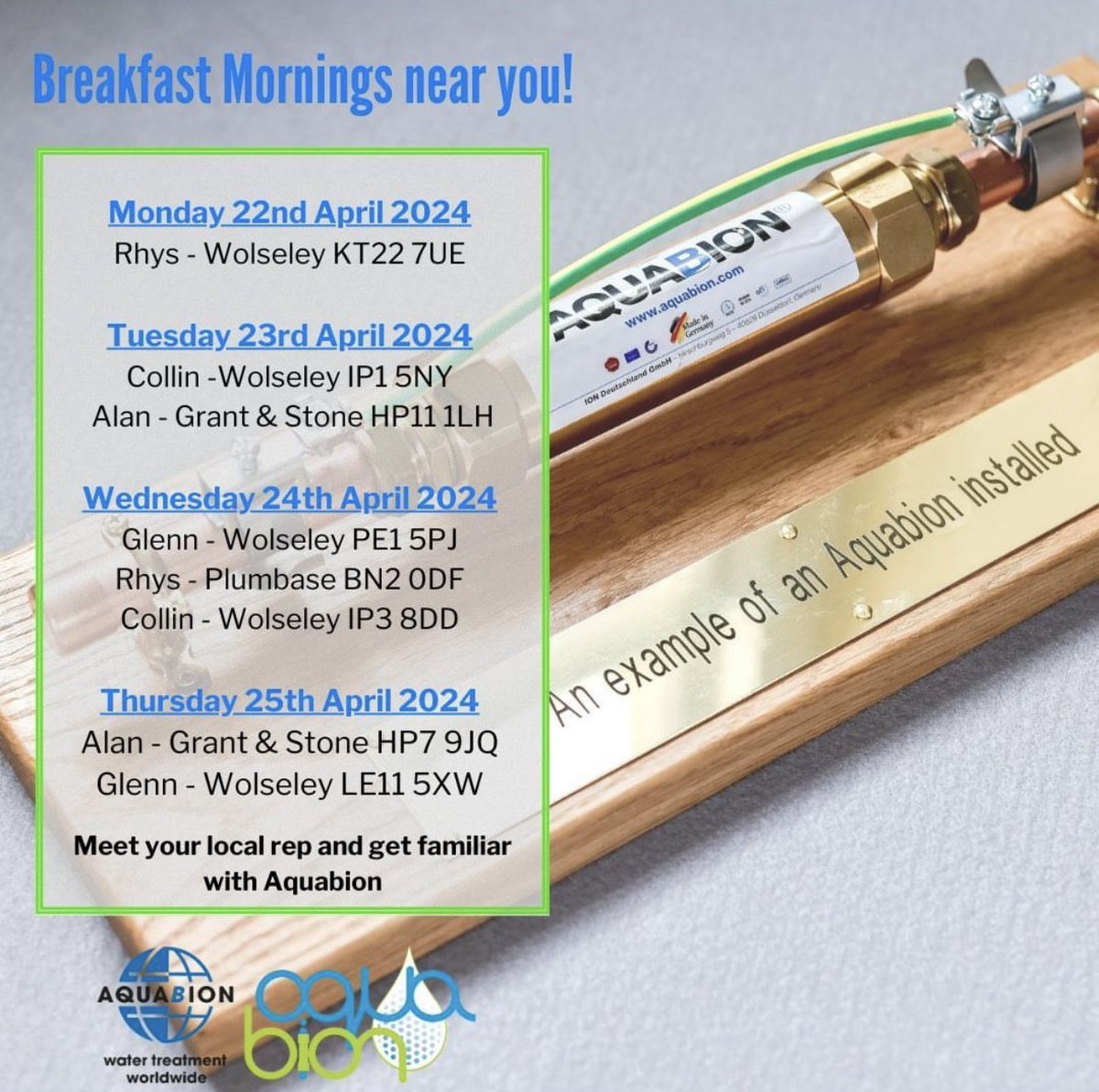Today your AQUABION team is at 3 different breakfast mornings near you. BE THERE!!
#aquabion #breakfast #plumber #plumbing #water #watertreatment #alternative #watersoftener #