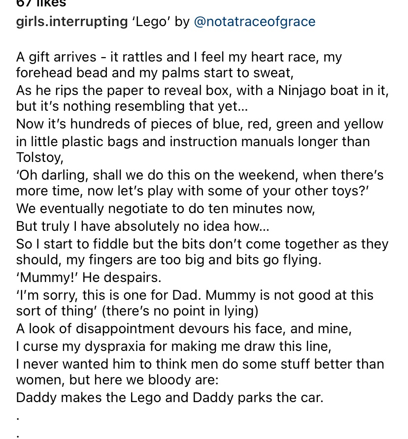 Please let me introduce you to this Instagram account for dyspraxic women, the wonderfully named Girls Interrupting. I enjoyed this poem about why certain bits of parenting are so hard for us. Lego 😬 instagram.com/girls.interrup…