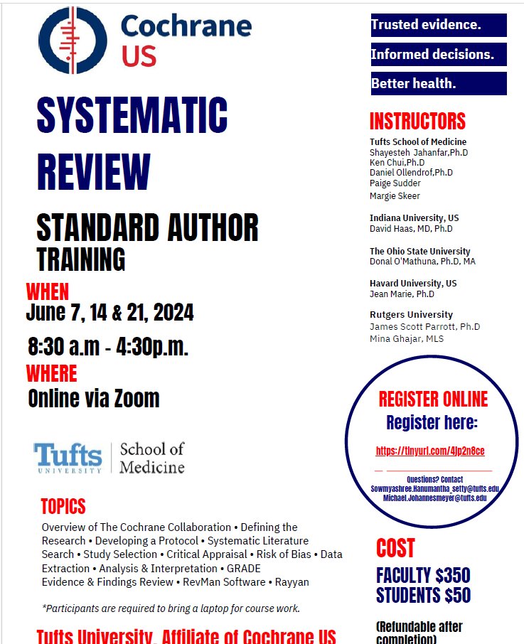 📢New event coming! 💫Tufts SR Standard Author Training coming up in June More information 👉sites.tufts.edu/uscochranenetw…