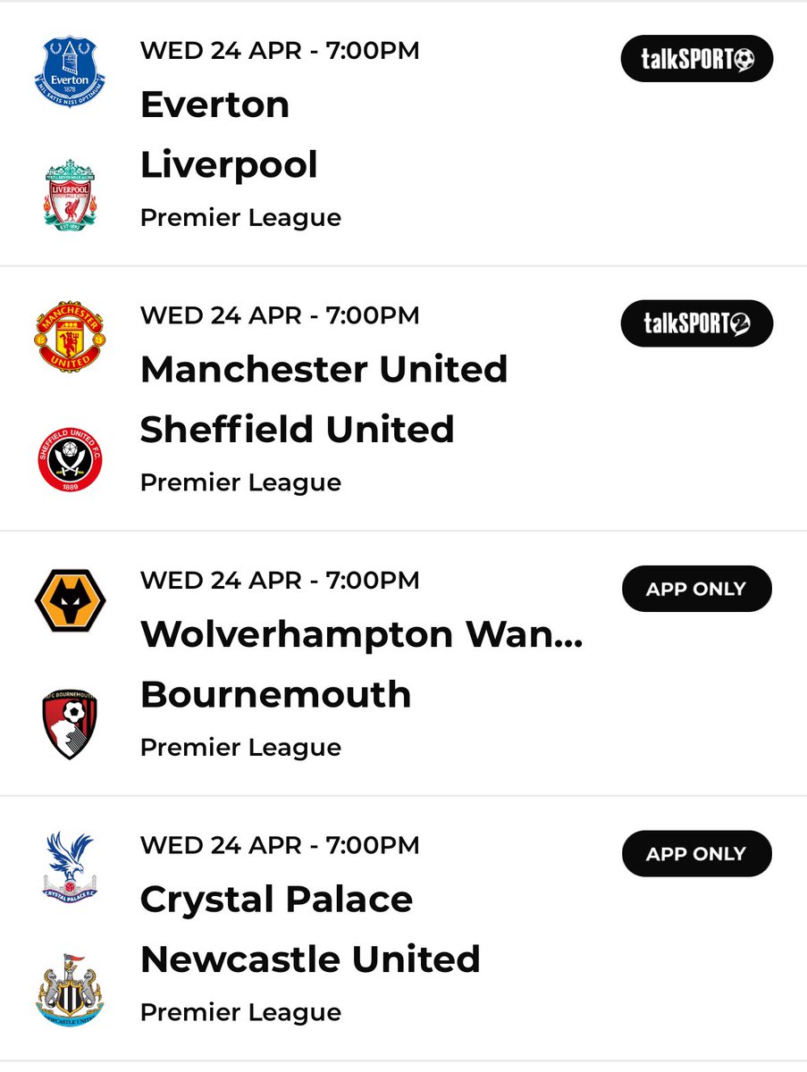 4 live Premier League games exclusive to the talkSPORT network tonight with 2 matches on the App only as shown below ⬇️ I’ll be with @mickygray33 at Old Trafford. How will @ManUtd be after 120’ on Sunday as they seek to make a European spot against bottom club @SheffieldUnited?