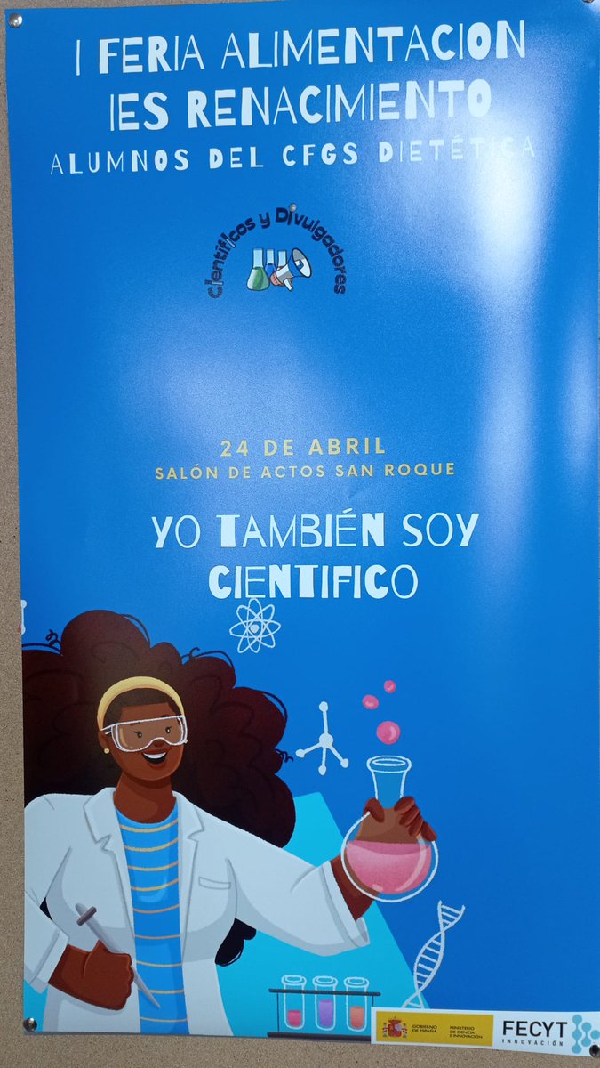 IESRENACIMIENT0's tweet photo. No te pierdas el taller de "Científicos y Divulgadores" a cargo del grupo de Dietética de mañana. A lo largo de toda la mañana te esperan en el Salón de Actos del San Roque para enseñarte todo sobre los Alimentos y la buena información @AfaRenacimiento @ceiplopedevega https://t.co/Q6ooob762z