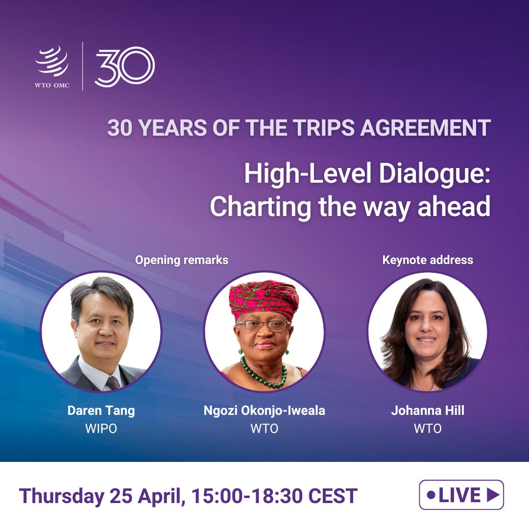 TOMORROW: Join us live for a conversation on the future of the #TRIPS Agreement in a rapidly changing world, marking its 30th anniversary. Opening remarks by DG @NOIweala and @WIPO DG Daren Tang and a keynote address by DDG @johahill. Watch here: bit.ly/4cW5HsF #WTOat30