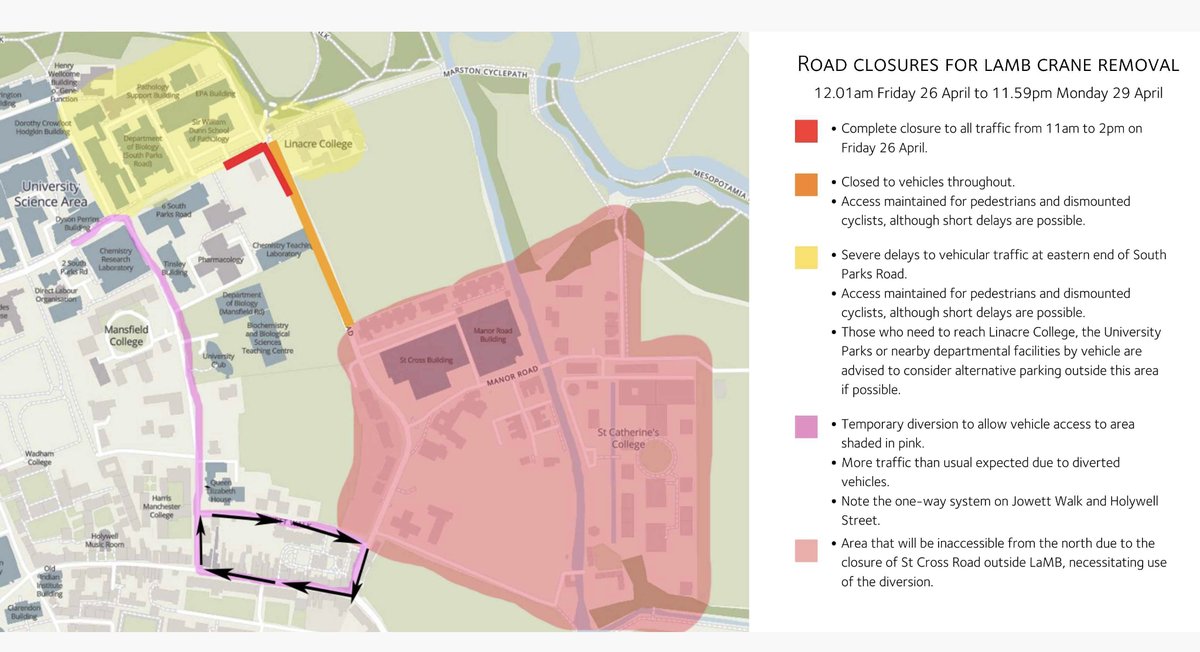 Road closure Friday to Monday @LinacreCollege. Marston cycle path expected to remain open, except a short period Friday lunchtime when cyclists and pedestrians may be paused by the traffic marshals on safety grounds. @cycloxoxford @marstonbikepath @oldmarstonpc @maryoxford