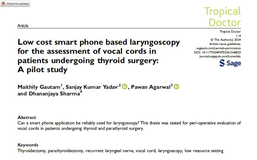 Happy to share our latest publication..... 

Using a smartphone application for laryngoscopy of vocal cords! 

Great work by @GautamMaithily …. 
Beta wishing for many more!

Great mentorship by @drskyind as always 😊

#GlobalSurgery
#AffordableSurgicalSolutions
#DOSProud