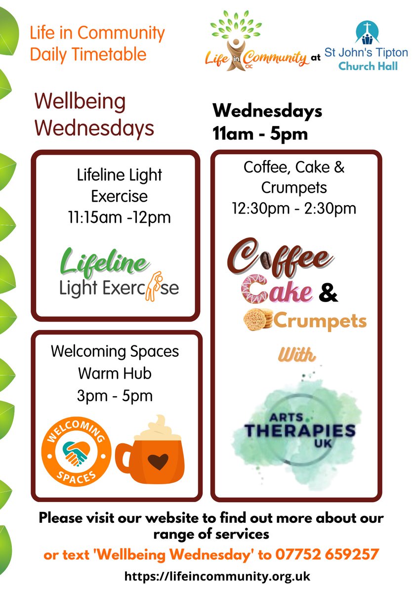 LifeInComTipton's tweet photo. #PrincesEnd #Tiptonaywe #Sandwell
We're back open 4 business!
Join us this #WellbeingWednesday 4 our range of from #LightExercise to #Coffee #Crumpets #Cakes & #ArtTherapries.
A gr8 opportunity 2 meet new folk & improve ur wellbeing. Start from 11am
@asdaTipton
@FellowsJusteen https://t.co/PxpwOqof8V
