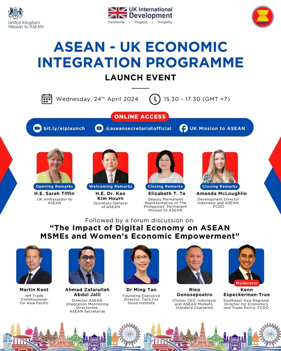 Please join us at the ASEAN-UK Economic Integration Programme Launch. Event Details: 📅: Wednesday, 24th of April 2024 ⏰: 3:30 PM (GMT+7) 💻: Zoom 👉: bit.ly/eiplaunch For questions, please email quinta.emirsyah@fcdo.gov.uk. We're looking forward to welcoming you!