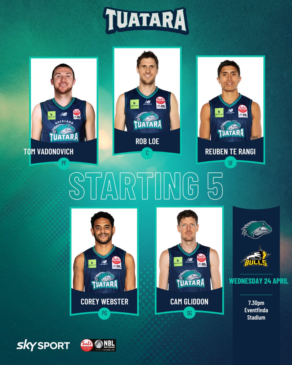 A familiar look to our starting line-up as we take on the crosstown Bulls.
#TuataraBasketball #TuataraNation #SalsNBL @nznbl @skysportnz