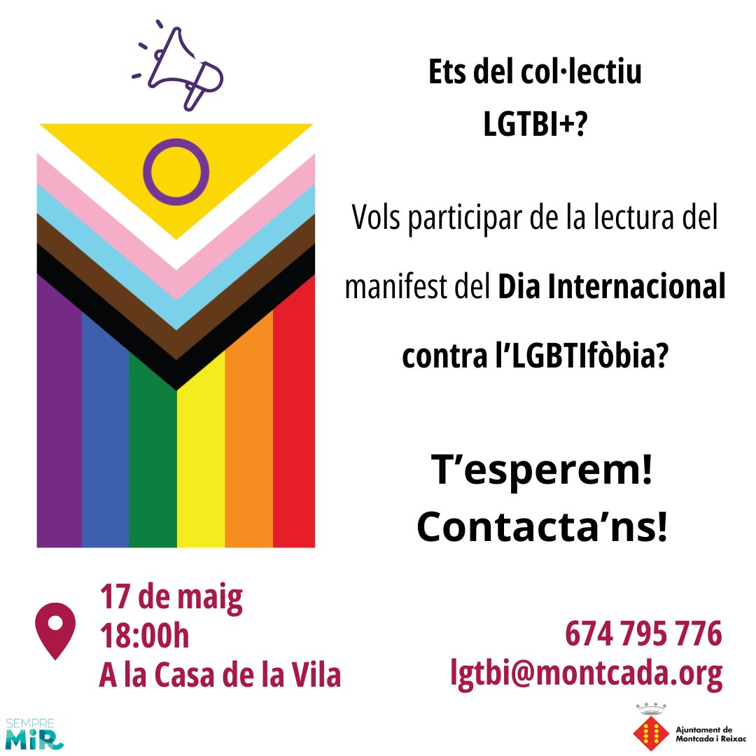 Fem crida! 📣
Vine a participar de la lectura del manifest del Dia Internacional contra l'LGTBIfòbia!🌈
Contacta'ns al 674 795 776 o a lgtbi@montcada.org
#contralgtbifòbia #17maigdiacontralgtbifòbia