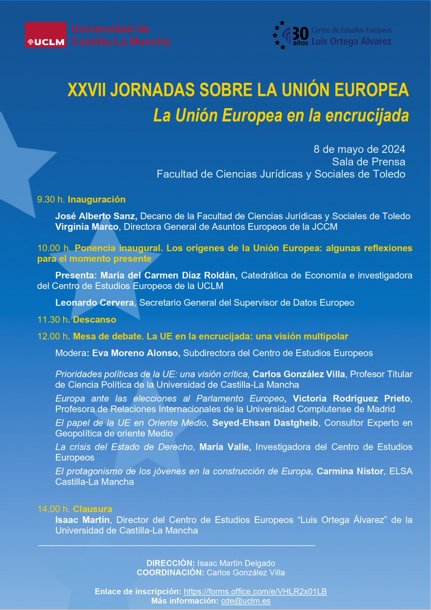 En @CEEUCLMTOLEDO @uclm_es  Ya estamos preparando el #DiadeEuropa será el 8 de mayo, XXVII Jornadas sobre la Unión Europea
Sólo es necesario inscribirse en forms.office.com/e/VHLR2x01LB