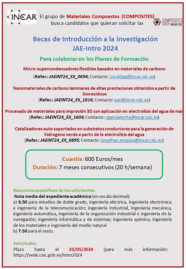 Zoraida González (@zoriga77) on Twitter photo Publicada la convocatoria JAE-Intro 2024! Excelente oportunidad para iniciarse en el mundo de la investigación! Animaos a participar!
<a href="/incarCSIC/">INCAR-CSIC</a>
<a href="/CompositesINCAR/">Composites Group (INCAR-CSIC)</a> Publicada la convocatoria JAE-Intro 2024! Excelente oportunidad para iniciarse en el mundo de la investigación! Animaos a participar!
<a href="/incarCSIC/">INCAR-CSIC</a>
<a href="/CompositesINCAR/">Composites Group (INCAR-CSIC)</a>
