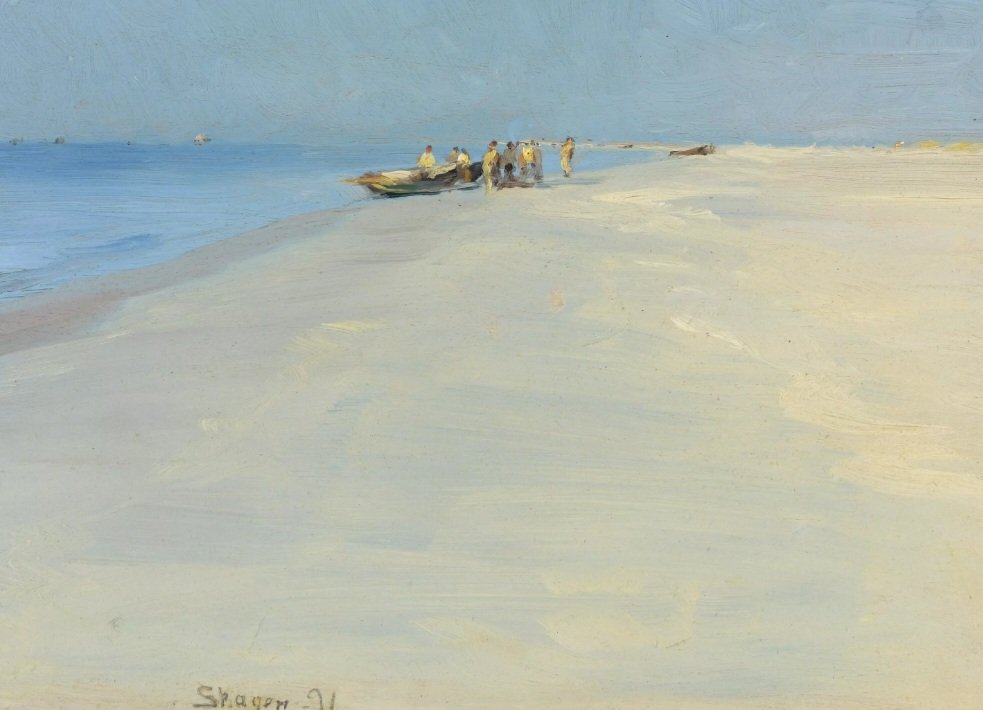 Peder Severin Krøyer first visited Skagen, Denmark in 1881 and became captivated by its light, landscape, and the life of the local community.  In these paintings, he examined the vast expanses of sea, sand, and sky that defined the landscape. 'Fishermen on the Beach at Skagen,'