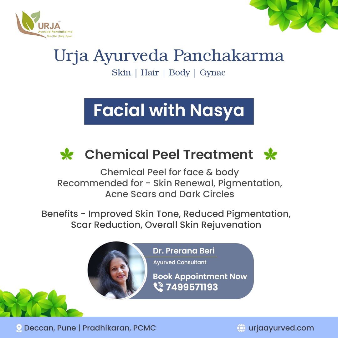 Experience the Natural Magic of Ayurvedic Chemical Peels at Urja Ayurveda. 
. 
. 
#AyurvedicSkincare #ChemicalPeels #NaturalBeauty #HolisticWellness #SkinRenewal #UrjaAyurveda #GlowingSkin #DrPreranaBeri