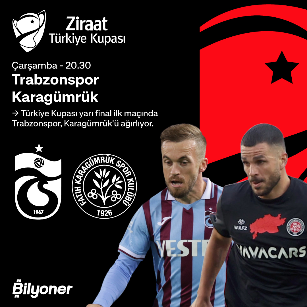 🏆 Türkiye Kupası yarı final ilk maçında Trabzonspor, Karagümrük'ü konuk ediyor! Bilyoner'de Hemen Oyna ➡️ bit.ly/Bilyoner_Futbol