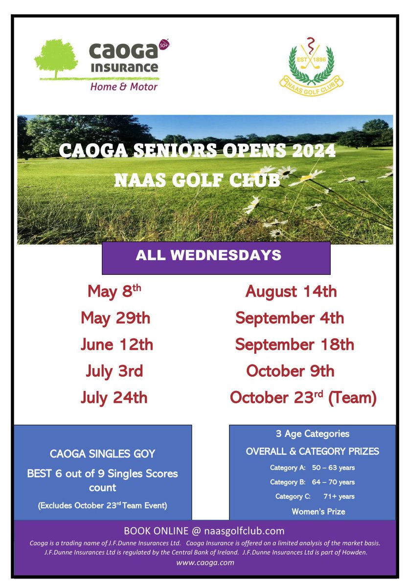 Caoga Seniors Singles: Timesheet now open for our next Caoga Seniors Singles on 8th May. As always thanks to Caoga Insurance for their continued support 🏌️‍♂️⛳️ @OpenGolfIreland