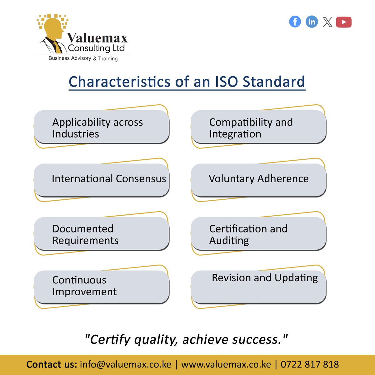 ISO standards are developed by the International Organization for Standardization. They share several major characteristics that cut across the different standards.

#ISO #ISOStandards #Quality #Security #Valuemax #WednesdayMotivation