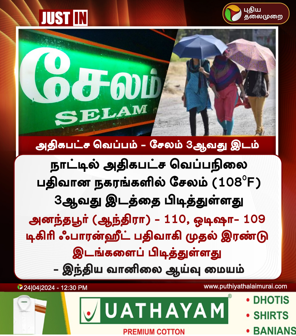 #JUSTIN | அதிகபட்ச வெப்பம் - சேலம் 3ஆவது இடம் #HeatWave | #TamilNadu | #Salem | #IMD