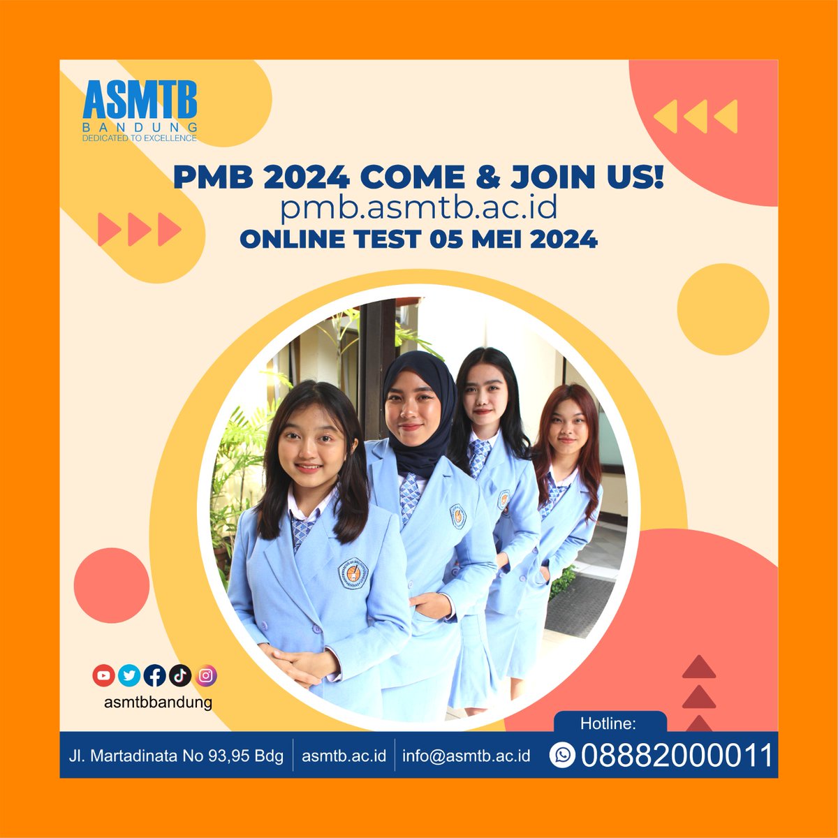 Halloo semuanya!

Penerimaan Mahasiswa Baru ASMTB di Bulan Mei masih dibuka 😊

Catat yaa tanggal Tes Online di
🗓️ 5 Mei 2024‼️