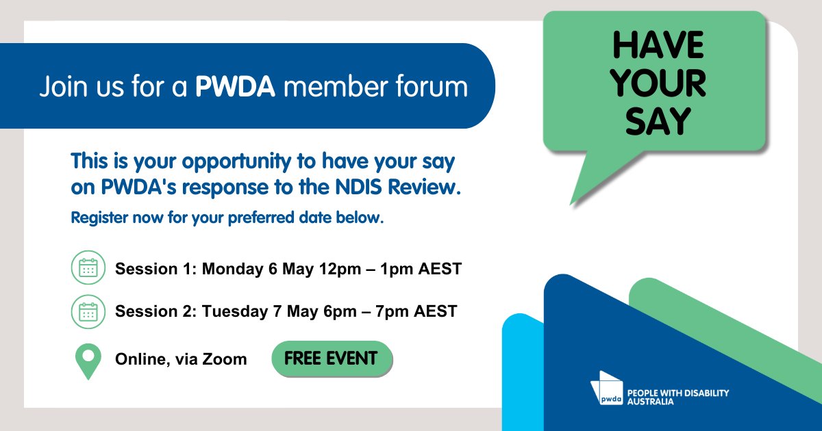 This is your opportunity to have your say! PWDA is hosting two online member consultation sessions to hear your views on some of the changes proposed by the NDIS Review Final Report and the recently tabled NDIS Reform Bill. Register: pwd.org.au/member-forum-p… #ndisreview #ndis