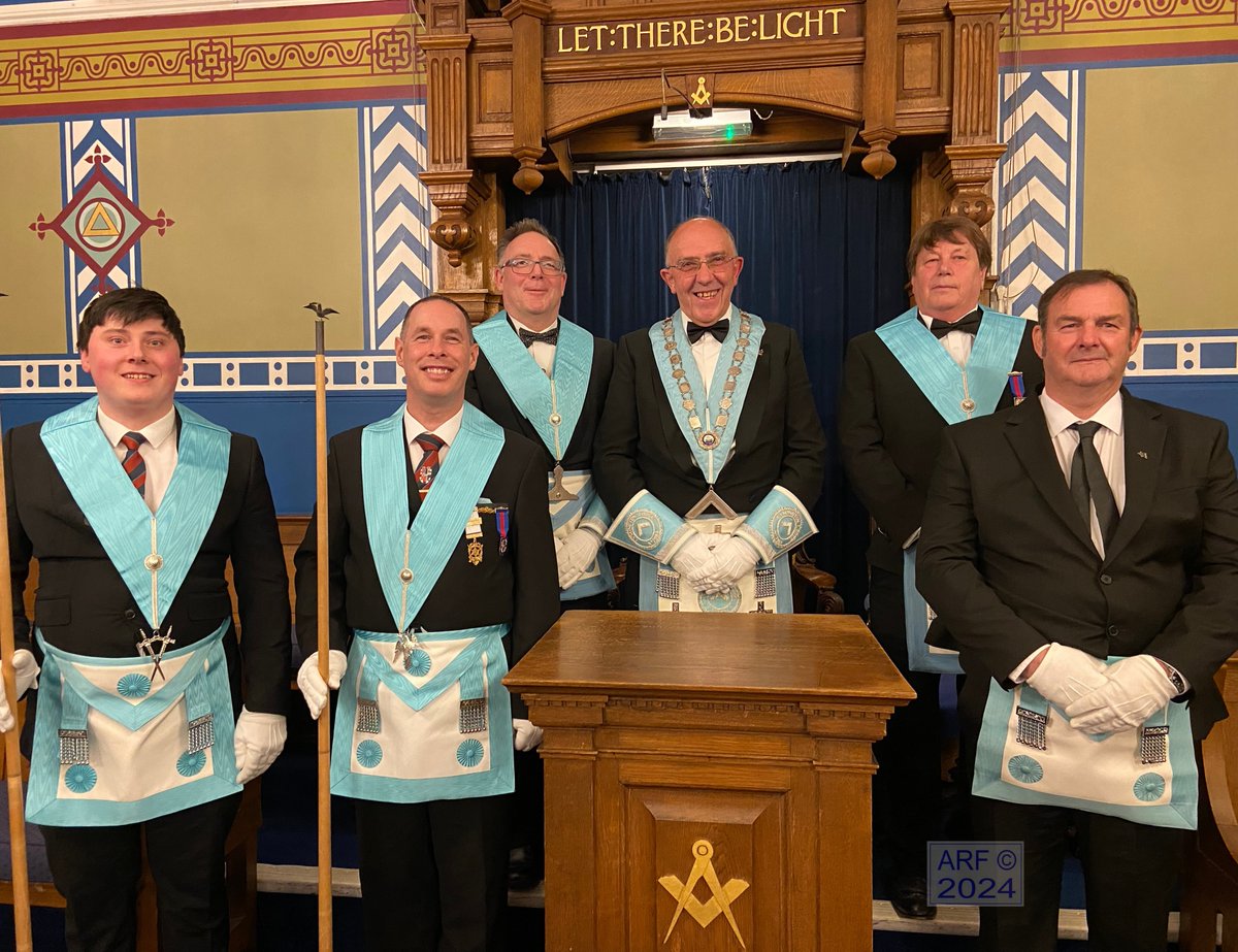 Last night Lymington Lodge 7984 raised Bro. Dean (far right) to the sublime degree of a master mason in an excellent ceremony. 
The Lodge also received its Bronze Festival Award before sitting down to a feast of tomato soup and a large plate of lasagne. Tasty.