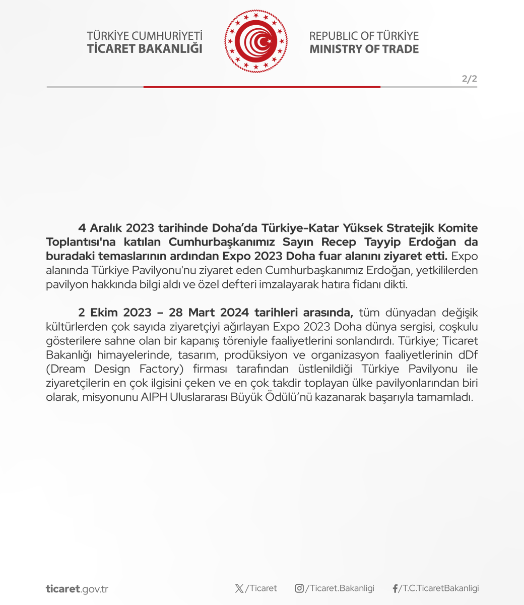 Türkiye Expo 2023 Doha’dan Ödülle Dönüyor

(24.04.2024)
