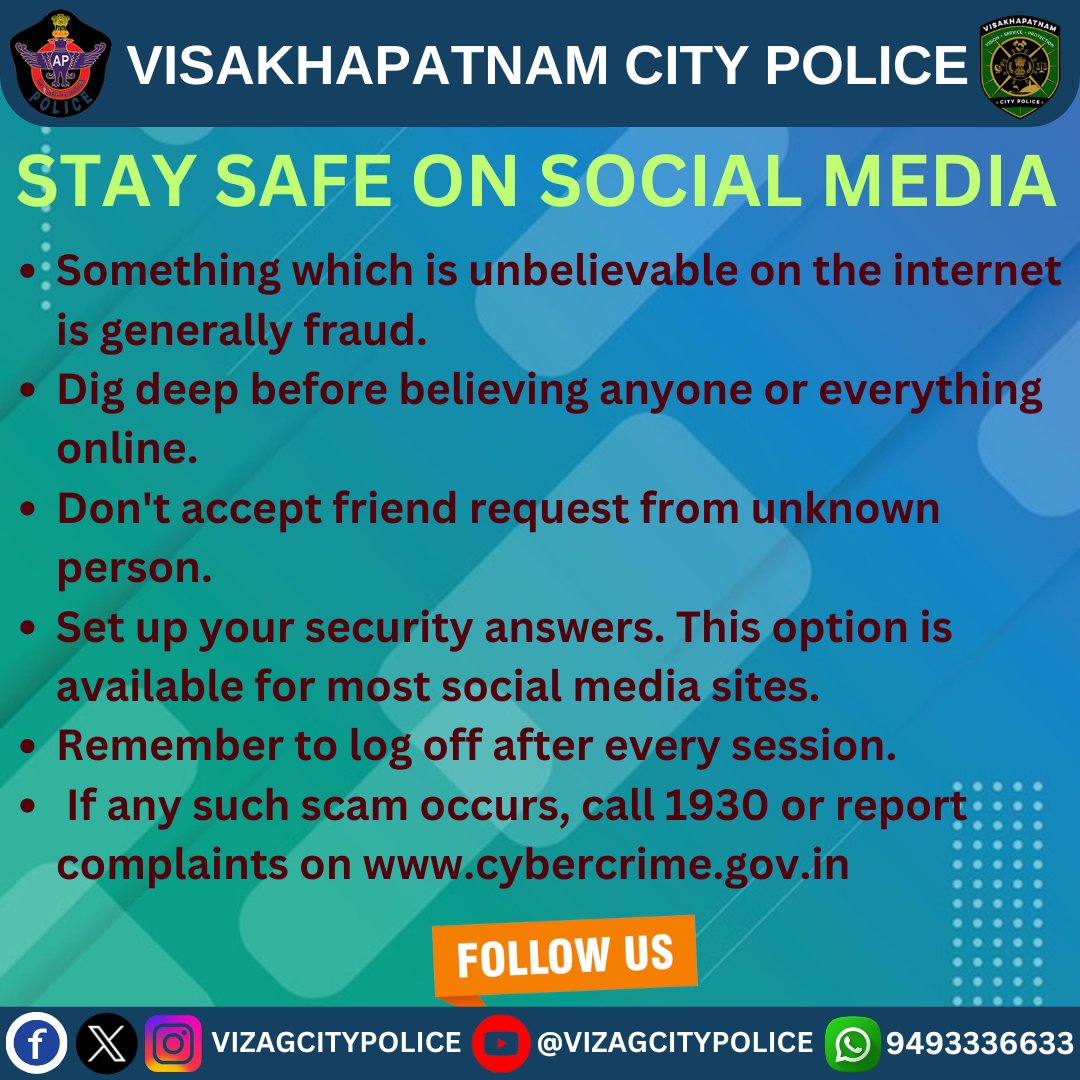 🚨🚨STAY SAFE ON SOCIAL MEDIA 🚨🚨#cybercrime#scamalert  #digitalsafety #stayalert 
@APPOLICE100 @dgpapofficial @VizagTP #Cybersécurité #cyberalert