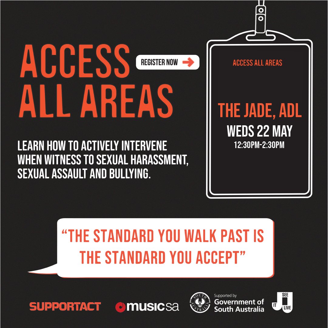 Calling all music workers in Kaurna/ADL! Our first in-person and free Access All Areas: Creating a safe and thriving music industry for all is on Weds 22 May from 12:30pm-2:30pm at The Jade. Register for free now here - bit.ly/4bcH6hv #AccessAllAreas