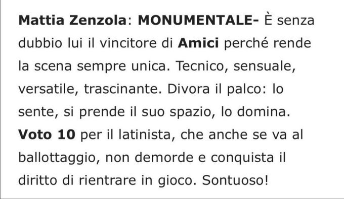 Quest'anno  @AmiciUfficiale  non legge  le pagelle  dei giornalisti  se no come giustificherebbe i 4 a petit comunque  lo scorso  anno  neanche  a mattia  fu letta questa  questo giornalista ci aveva  visto  lungo #Amici23 fu dopo la 7 puntata  dopo che ballo quel pezzo  modern