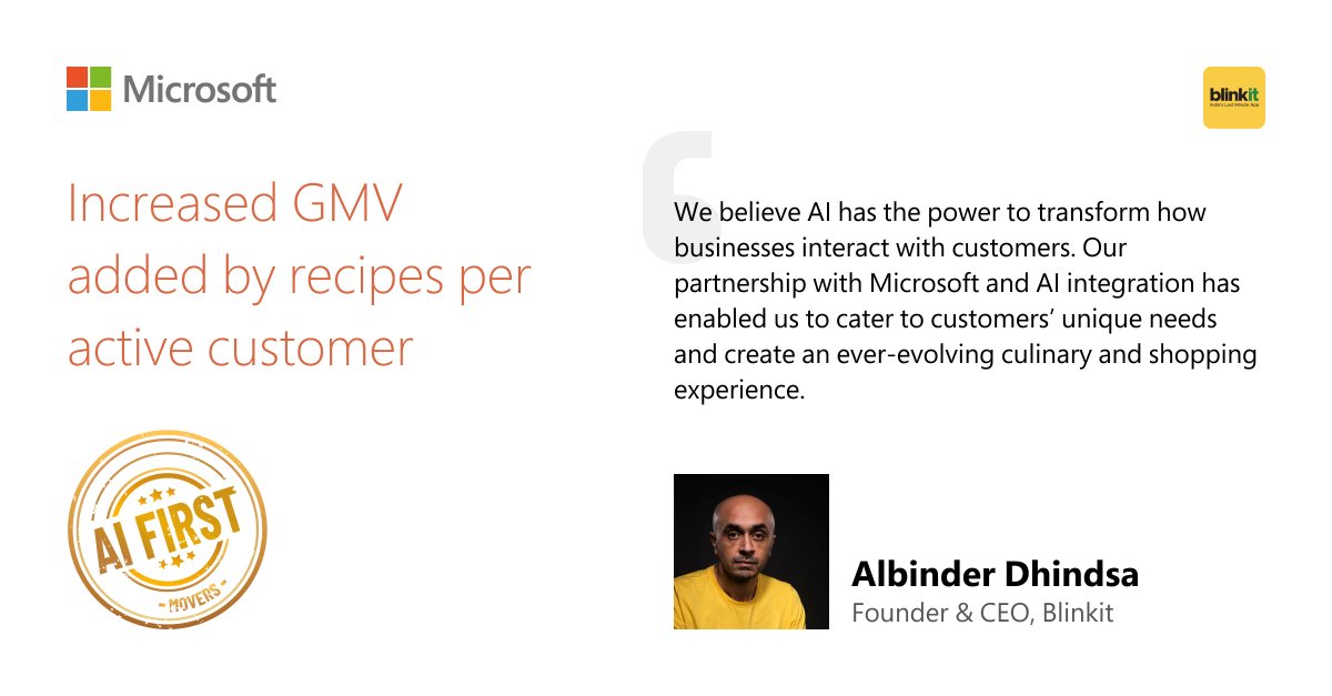 Discover how @letsblinkit revolutionized their catalogue with #GenerativeAI! Personalized recipes crafted from user preferences, actions, and dietary needs, all powered by #Azure OpenAI, resulting in increased customer recipe checkouts every day.