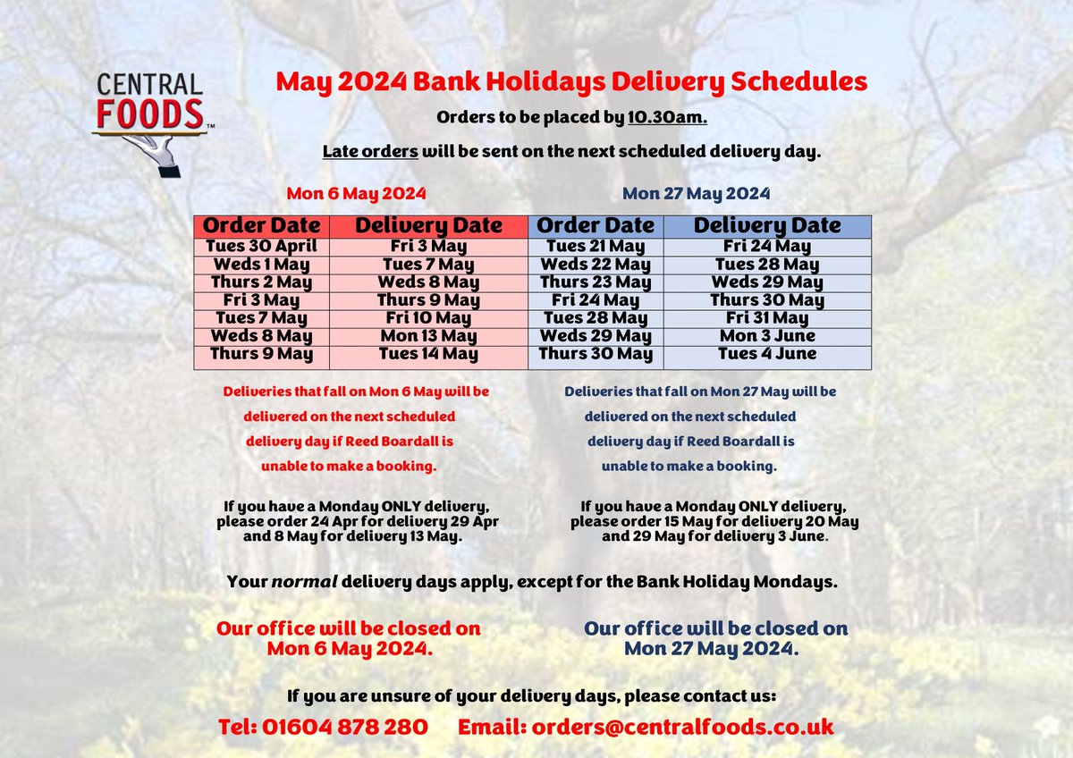 📢 Calling all #frozenfood #wholesalers! The #MayBankHolidays are just around the corner - place your orders early so you don't let your customers down. View our delivery schedules for both Bank Holidays below or on our website: bit.ly/2LEWMkN #makingyourlifeeasier