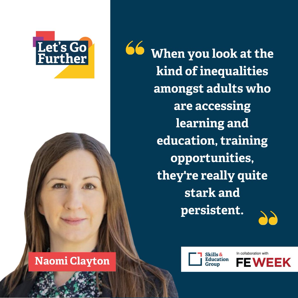 What can the FE sector, government and businesses do about persistent inequalities in adult education and skills training? Listen to @NaomiClaytonUK and @STuckett in the latest ep of the #LetsGoFurtherPod to find more. 🔗 buff.ly/4axMEmT @LearnWorkUK @EduPolicyInst