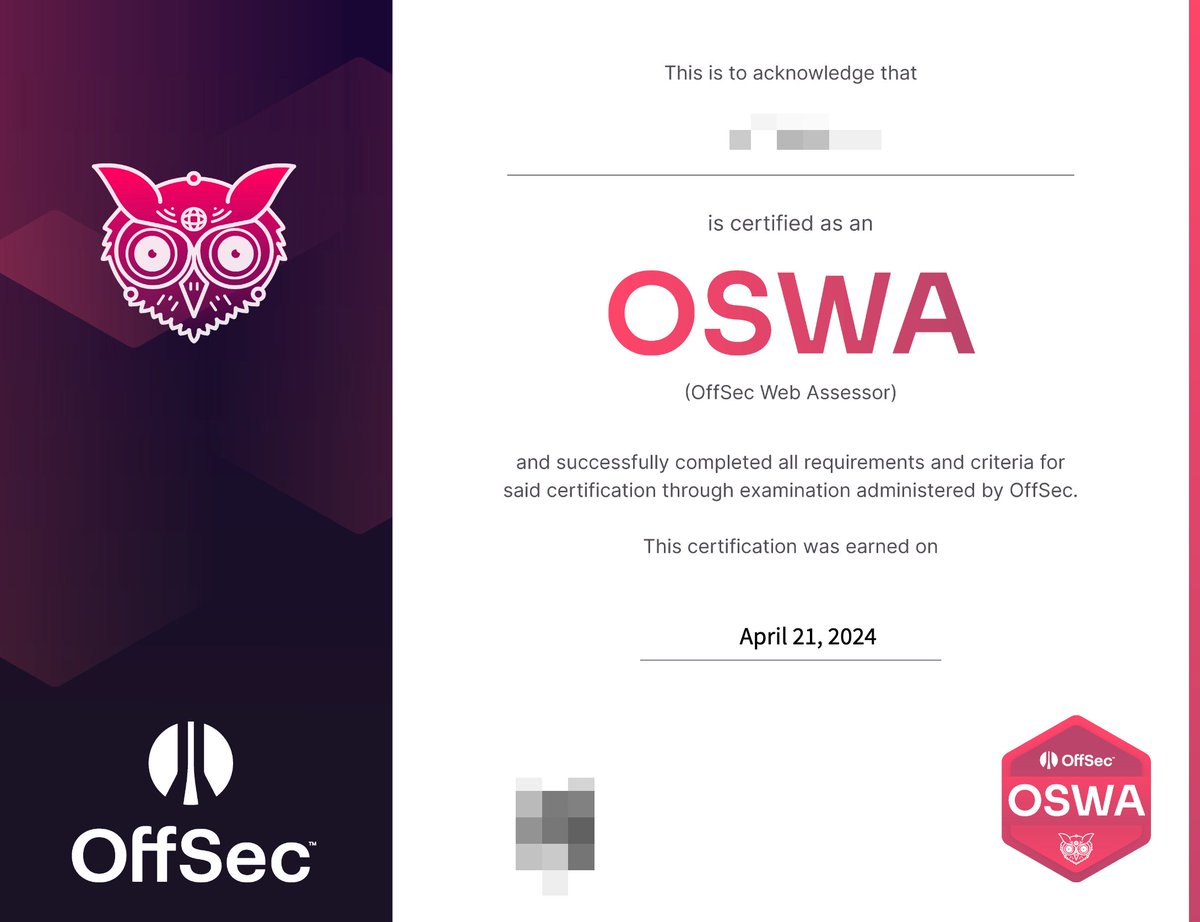 Just got a new OffSec certificate via @offsectraining