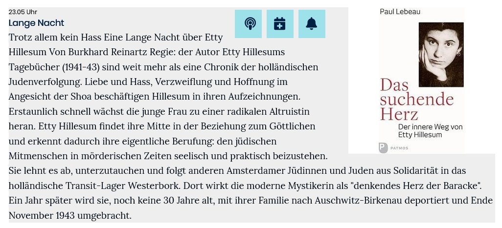 Tipp: Am kommenden Samstag (27.04) läuft bei Deutschlandfunk und DLF-Kultur die Lange Nacht 'Trotz allem kein Hass - eine Lange Nacht über Etty Hillesum' von Burkhard Reinartz. wdr3.radio-today.de/radioprogramm.…