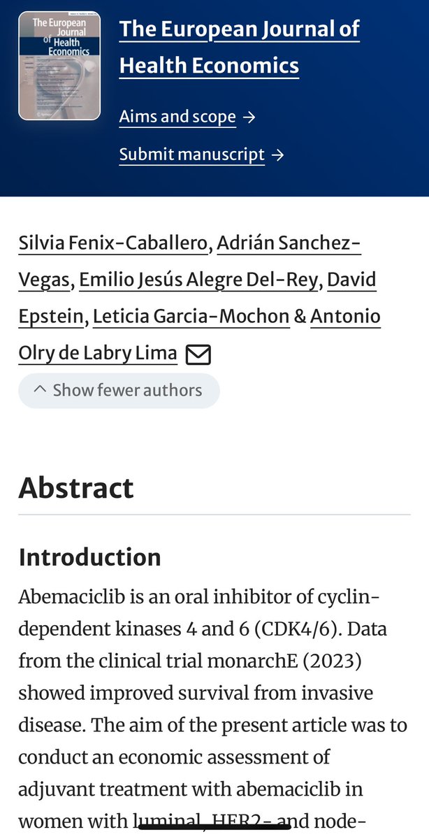 New paper of our fellow Prof. @DavidEpsteinGRX et al 

Economic assessment of abemaciclib for the adjuvant treatment of luminal HER2- breast cancer from the perspective of the Spanish health system

Congrats to all of you!!

#HealthEconomics 

 link.springer.com/article/10.100…