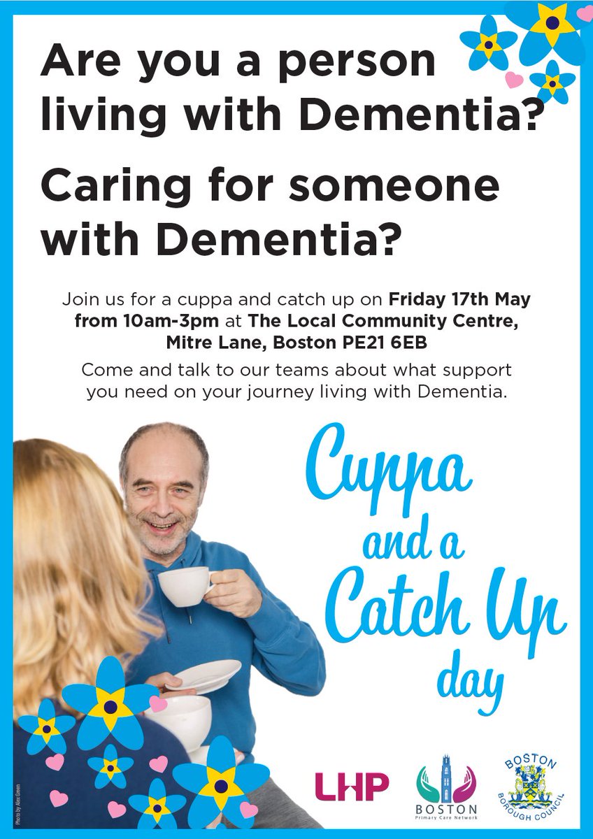 Living with #dementia or caring for someone who is?

📆Friday 17th May
📍The Local Community Centre, Boston PE21 6EB
⏰10am-3pm

Pop in anytime between 10am and 3pm for a chat and information on support... and a cup of tea!

@Lincolnshirehp @Bostonboro @DementiaUK