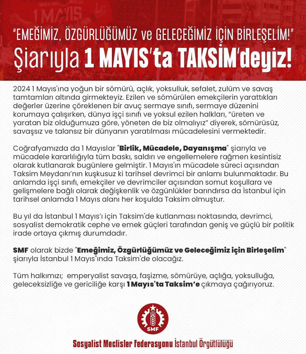 SMFistanbul_'s tweet photo. Emeğimiz, Özgürlüğümüz ve Geleceğimiz İçin Birleşelim! Şiarıyla 1 Mayıs’ta Taksim’deyiz! https://t.co/iRPXCRUbNo