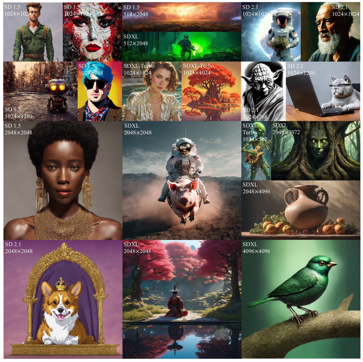 op7418's tweet image. 字节最近挺高产啊，和旷视发布了HiDiffusion。

无需训练，只需要一行代码就可以提高 SD 生成图像的清晰度和生成速度。

支持将图像生成的分辨率提高至4096×4096，同时将图像生成速度提升1.5至6倍。

支持所有 SD 模型同时也支持 SD 模型的下游模型，比如Playground。

详细介绍：…