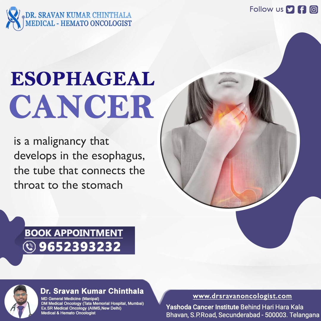 #Esophagealcancer awareness:
Know risk factors like #smoking, #alcohol, and #GERD. Early #detection saves lives. Spread awareness, save lives.

#DrSravanKumar #BestOncologist #Hematologist #Oncologist #YashodaHospital #Secunderabad #Hyderabad #Cancer #CancerSpecialist