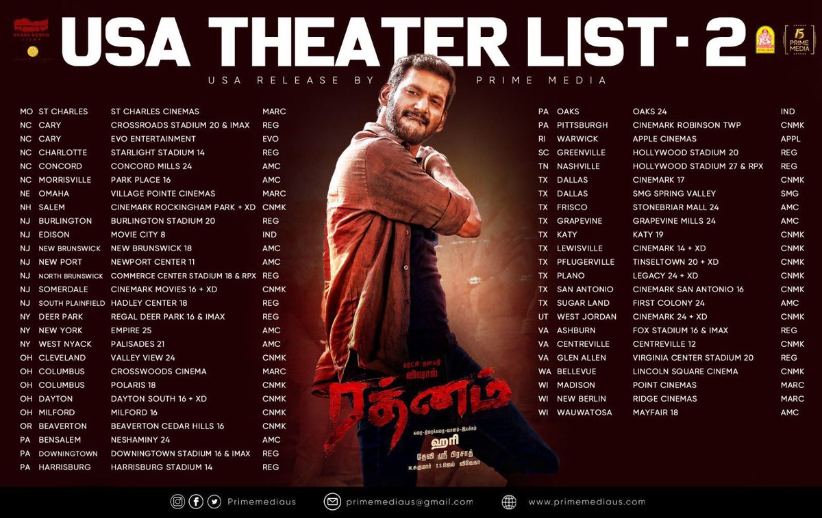 #Rathnam - Grand release in USA, here's the theatre list. Starring Puratchi Thalapathy @VishalKOfficial. A @ThisisDSP musical. A film by #Hari, in theatres on April 26th. @stonebenchers @ZeeStudiosSouth @priya_Bshankar @mynnasukumar #TSJay @dhilipaction @PeterHeinOffl…