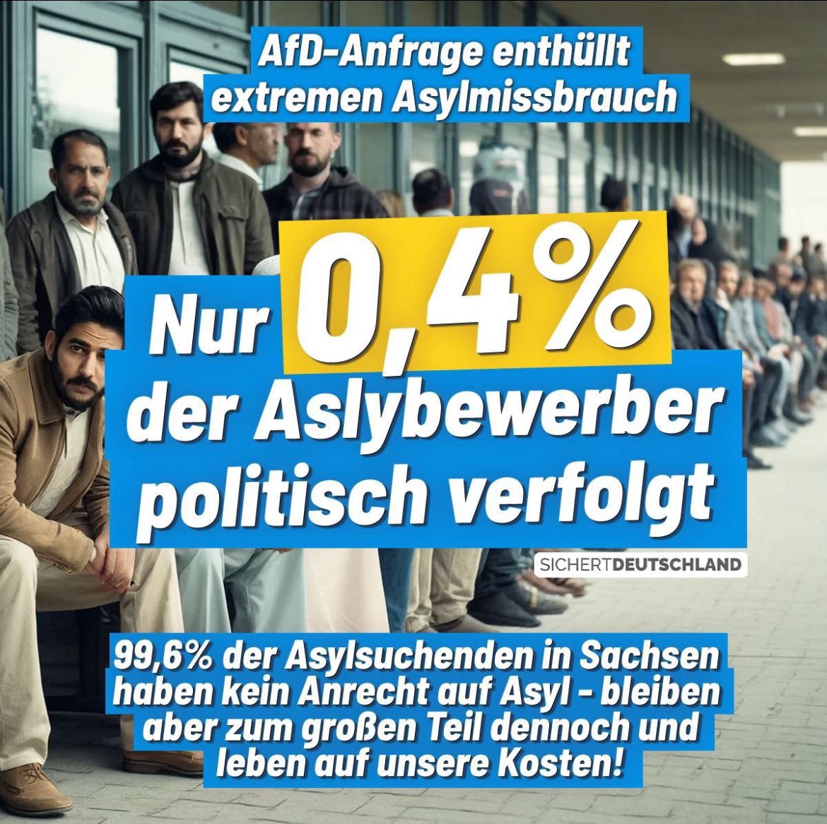 ES LÄUFT AUS DEM RUDER❗️

Eine Anfrage der AfD-Fraktion im sächsischen Landtag ergab folgendes für das Jahr 2023:

♦️NUR 0,429 % der Asylbewerber waren „politisch Verfolgte“,
♦️37,7 % der „Asylbewerber“ blieben in Sachsen,
♦️29,1 % der Asylanträge wurden abgelehnt.
 
Der…